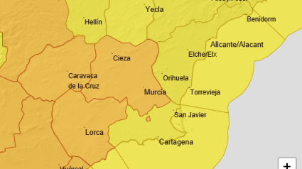 Mapa de la alerta meteorológica de nivel naranja en el Guadalentín para este martes