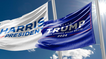 Banderas electorales de Harris y Trump