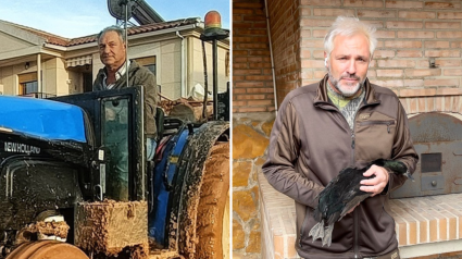 Un señor con su tractor colaborando en la limpieza de calles en Utiel y Santi Cañizares