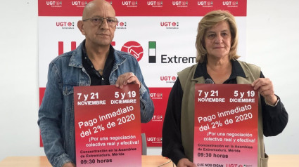 El secretario general de UGT-SP Extremadura, Manuel Fernández Colomo, y la secretaria de Acción Sindical, María Ángeles Rodríguez Márquez, en rueda de prensa en Mérida - UGT SPECONOMIA ESPAÑA EUROPA EXTREMADURA
UGT SP