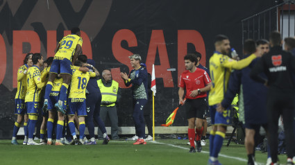 Los jugadores de Las Palmas celebran uno de los goles contra el Rayo Vallecano