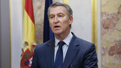 El líder del PP, Alberto Núñez Feijóo, durante una rueda de prensa que ha ofrecido este miércoles en el Congreso