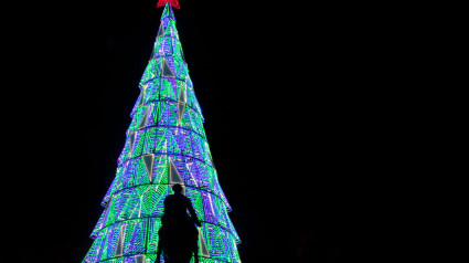 Silueta de la estatua ecuestre de Carlos III en la Puerta del Sol sobre el fondo de un árbol de Navidad iluminado en Madrid, España