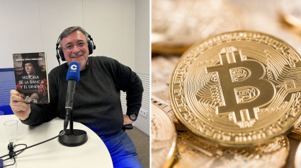 Marcos López Herrador y una moneda de Bitcoin