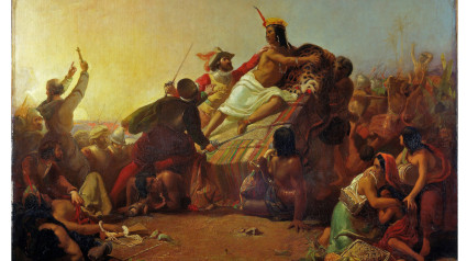 'Pizarro capturando al Inca del Perú', una de las primeras obras maestras de Millais. Tenía apenas 16 años cuando la terminó en 1846. La pintura muestra a Atahualpa, el último líder soberano del imperio inca, siendo capturado por el conquistador Francisco Pizarro.