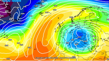 Modelo meteorológico que marca el anticiclón y la borrasca en Europa