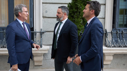 El presidente del PP, Alberto Núñez Feijóo (i) conversa con el presidente de VOX, Santiago Abascal (c), a su salida de una sesión plenaria en la Cámara Baja, a 17 de septiembre de 2024, en Madrid