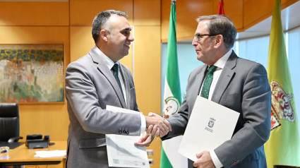 El presidente de la Diputación de Granada, Francis Rodríguez, a la izquierda en la imagen, saluda al decano del Colegio de Abogados de Granada, Leandro Cabrera