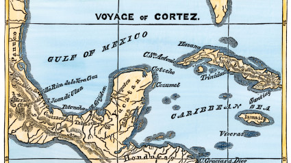 Mapa de la zona de desembarco de Cortés en México, 1519. Xilografía coloreada a mano