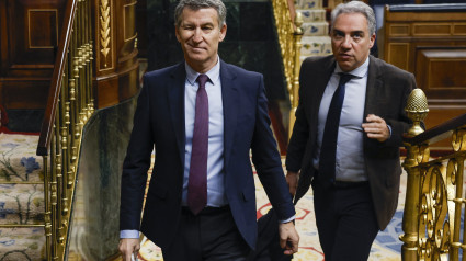 El líder del PP, Alberto Núñez Feijóo (i) y el coordinador general del Partido Popular. Elías Bendodo, durante la primera sesión de control al Gobierno del año este miércoles en el Congreso.