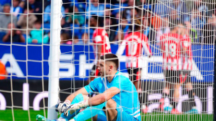 El portero del Espanyol se lamenta tras el tanto de Sancet para el Athletic.