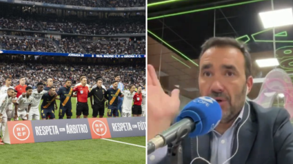 El Santiago Bernabéu cuando los equipos posaron con la pancarta a favor de los árbitros y Juanma Castaño