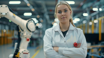 A female technician in a factory setting a robotic arm, with a red emergency stop button in the foreground