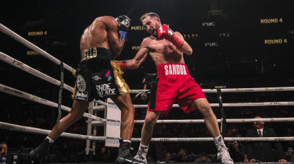 March 1, 2025, Brooklyn, New York, USA: Action between Alberto Puello (23-0 10 KOs) and Sandor Martin (42-3 15 KOs) in a contest for Puelloâ€™s WBC Super Lightweight Championship. After 12 rounds of action Puello won the contest by split decision improving his record to 24-0 and retaining his WBC Super Lightweight Championship. (Credit Image: © Adam DelGiudice/ZUMA Press Wire)