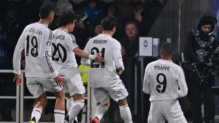 Mbappé celebra el gol del Real Madrid al Atalanta