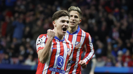 Julián Álvarez celebra el 1-0 contra el Slovan Bratislava.