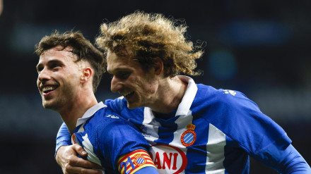 Puado celebra el 1-0 del Espanyol contra el Valladolid.