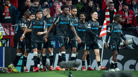 Los jugadores del Leverkusen celebran el gol de Hincapié en la primera mitad.