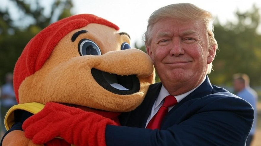 Donald Trump abrazando una mascota olímpica