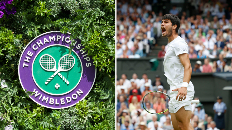 Logo de Wimbledon y Carlos Alcaraz durante un partido del torneo