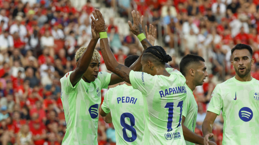 Lamine Yamal y Raphinha celebran el gol del Barcelona ante el Mallorca