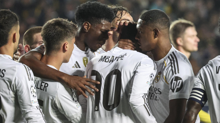 Mbappé celebra su gol en Champions, en el Kairat Almaty - Real Madrid