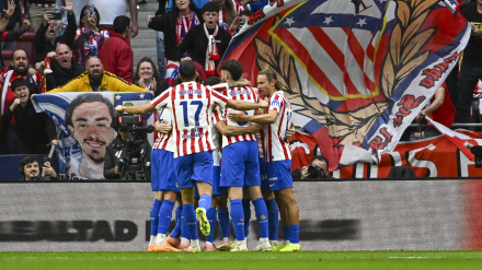 Los jugadores del Atlético celebran el gol de Julián Álvarez frente al Sevilla