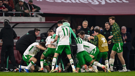 Los jugadores de Irlanda celebran el 2-3 de Parrott que les mandaba a la repesca.