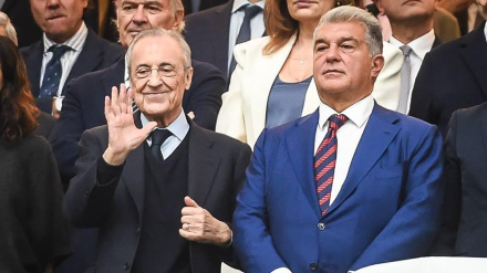 Joan Laporta y Florentino Pérez, juntos en el palco del Bernabéu en el Clásico de hace un mes.