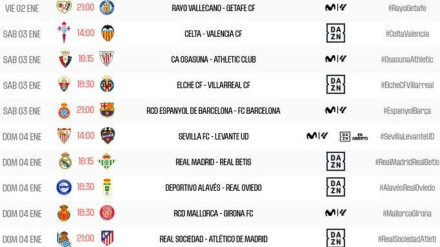 Horarios de la 18ª jornada en Primera