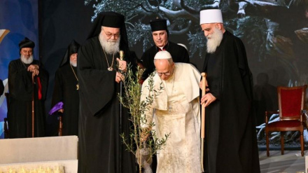 El Papa plantando el olivo junto a un líder ortodoxo y uno musulmán