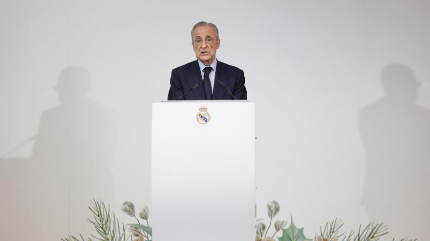 Florentino Pérez interviene en la copa de Navidad del equipo, este lunes en Madrid.
