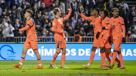 Los jugadores del FC Barcelona celebran el segundo gol de su equipo contra el Guadalajara