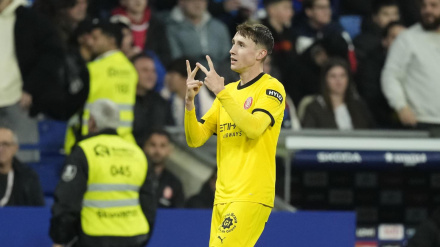 Vanat celebra el 0-1 del Girona contra el Espanyol