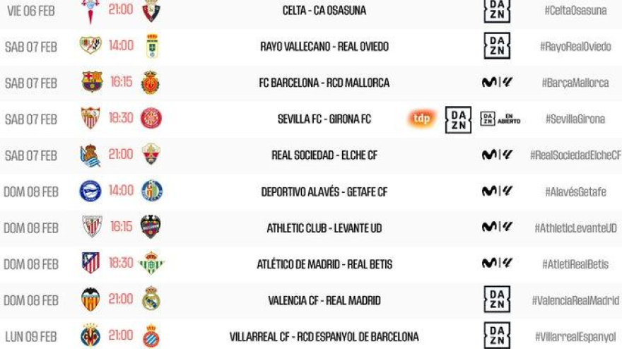 Horarios de la 23ª jornada en Primera División