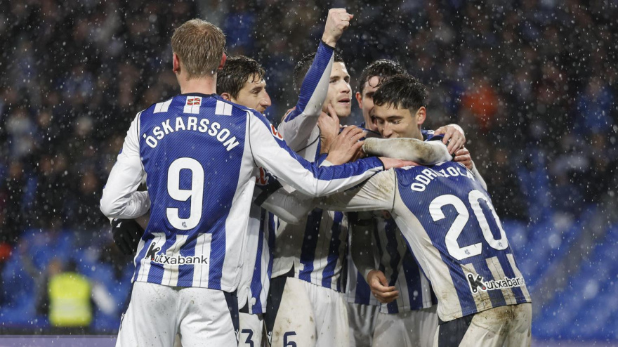 Brais Méndez celebra el 3-1 de la Real Sociedad contra el Celta