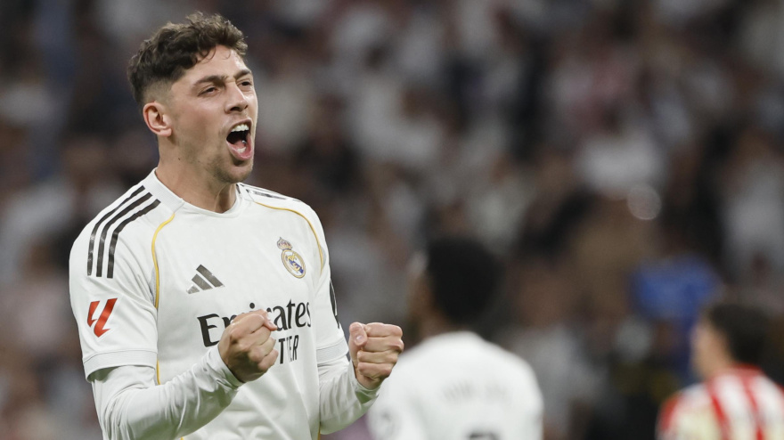 Valverde celebra su gol, en el Real Madrid - Girona