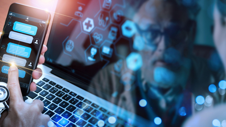 Chatbot conversation with smartphone screen app interface and artificial intelligence technology processing virtual assistant with customer support