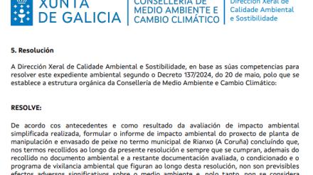 Captura de la resolución de Medio Ambiente a la planta de Stolt Sea Farm en Rianxo