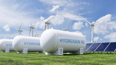 Hydrogen energy storage gas tank for clean electricity solar and wind turbine facility.3d renderin