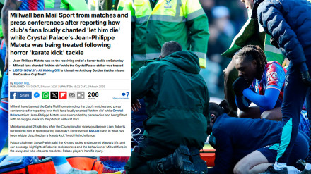 Información del Daily Mail sobre el veto que le impone el Millwall tras el incidente de Mateta