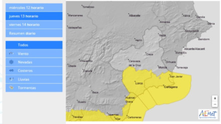 Mapa de la alerta amarilla por viento en Lorca