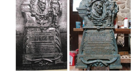 La pieza original y la realizada en fibra y sitauda ahora en la sede del PSOE