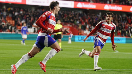 Los jugadores del Granada celebran el gol de la victoria ante el Oviedo
