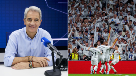 Manolo Lama y los jugadores del Real Madrid en el Bernabéu