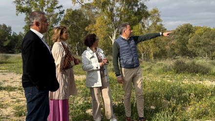 El alcalde, el concejal de Pedanías y la diputada y la senadora del PP visitando los terrenos de Defensa en Carraclaca