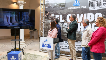 El alcalde y representantes de los damnificados por las riadas en la presentación de la campaña en el Palacio de Guevara.