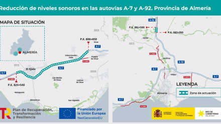 Mapa de las actuaciones previstas en las autovías A-7 y A-92 para la reducción del ruido a su paso por los municipios almerienses de El Ejido, Vícar, La Mojonera y Gádor.ANDALUCÍA ESPAÑA EUROPA ALMERÍA SOCIEDADMINISTERIO DE TRANSPORTES Y MOVILIDAD SOSTENIBLE