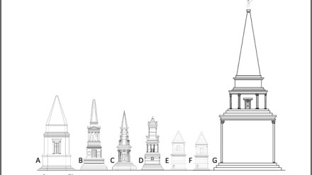 Monumentos funerarios turriformes de tradición púnico-númida (A-F) y reconstrucción idealizada del monumento de Cádiz (G) (adaptado de Almagro-Gorbea 2011) incluyendo la posible estatua de Juba I