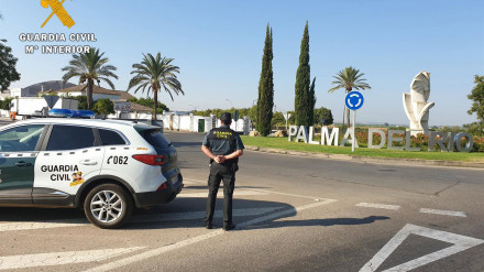 Un guardia civil en un control en uno de los accesos a Palma del Río.